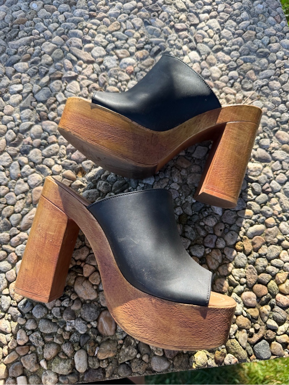 Black Leather Platform Clog Heels - Women